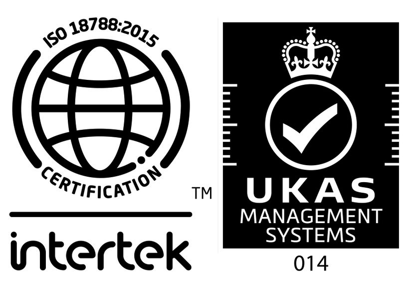 Intertek ISO 18788:2015 certification mark with UKAS Management Systems accreditation mark 014
